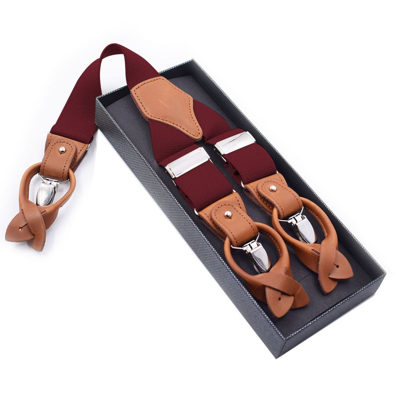 Mens Trendy Suspenders 3.5cm Adjustable Elastic 6 Clips Casual Straps Wine red 