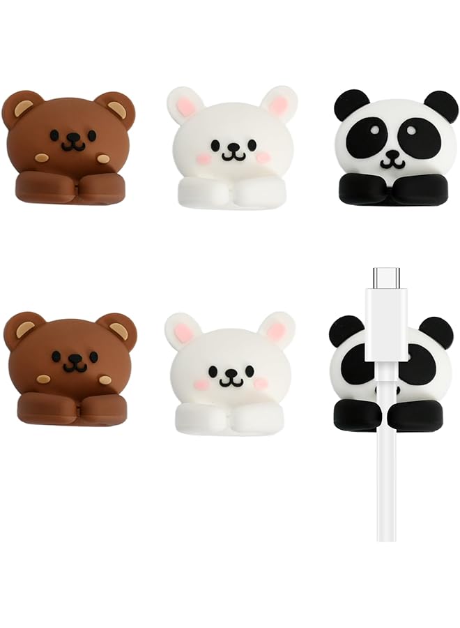 6-Pack Animal Design Cable Clips - Self-Adhesive Cord Organizers for Desk, Keys, Makeup Brushes – No Drilling Required, Damage-Free PVC Clips (Panda, Bear, Rabbit)