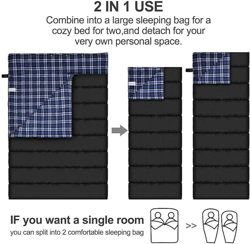 AGEMORE Cotton Flannel Double Sleeping Bag for Camping, Backpacking Or Hiking. Queen Size 2 Person Waterproof Sleeping Bag for Adults Or Teens. Lightweight with Compression Sack - Image 3