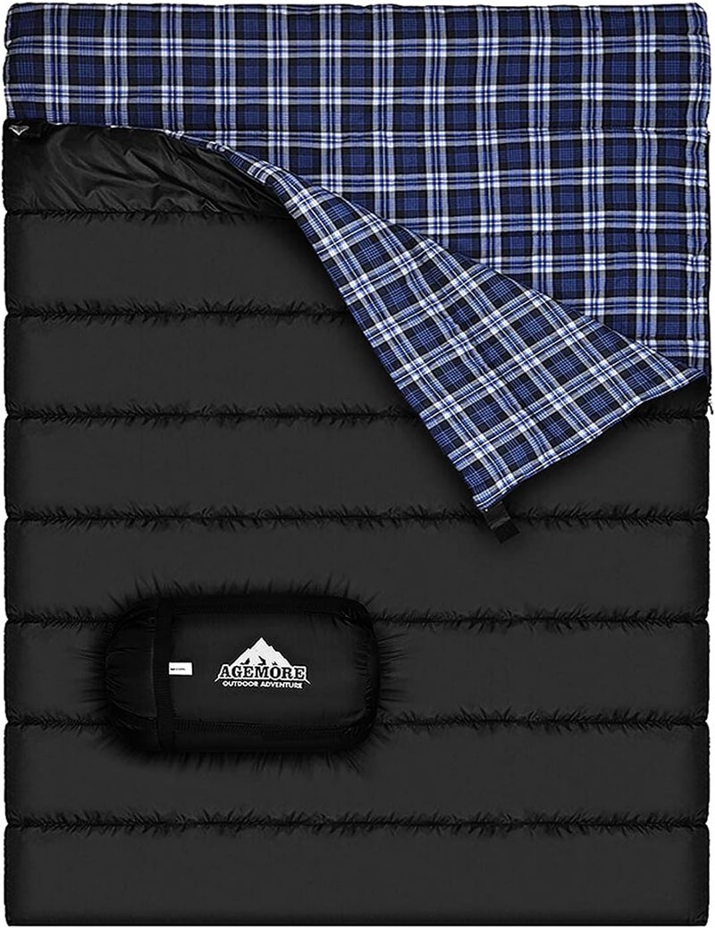 AGEMORE Cotton Flannel Double Sleeping Bag for Camping, Backpacking Or Hiking. Queen Size 2 Person Waterproof Sleeping Bag for Adults Or Teens. Lightweight with Compression Sack - Image 1