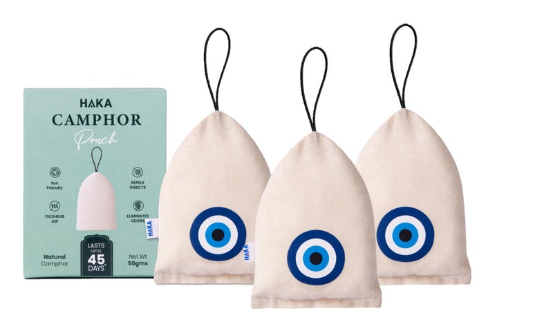 Haka Camphor Pouch –100% Pure Camphor | Multipurpose Natural Chemical Free Air Freshener for Car, Wardrobe, Bathroom & Room | Eco-Friendly Aroma Bag (Evil Eye X 3, Natural) - Image 1