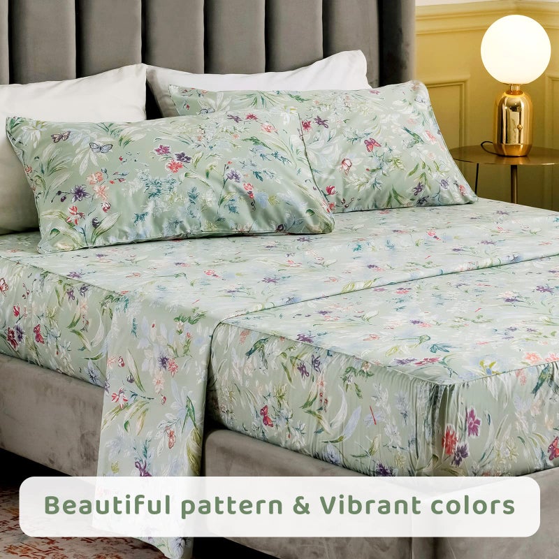 QSH 100% Egyptian Cotton Sheets Twin Size, Green Flower Bird Butterfly Pattern Botanical Luxury Printed Bedding Flower Twin Bed Sheets for Girl Kid Extra Soft 4pcs Deep Pocket Floral Bed Sheet - Image 5