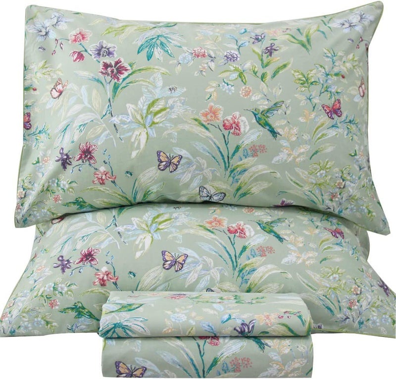 QSH 100% Egyptian Cotton Sheets Twin Size, Green Flower Bird Butterfly Pattern Botanical Luxury Printed Bedding Flower Twin Bed Sheets for Girl Kid Extra Soft 4pcs Deep Pocket Floral Bed Sheet - Image 1