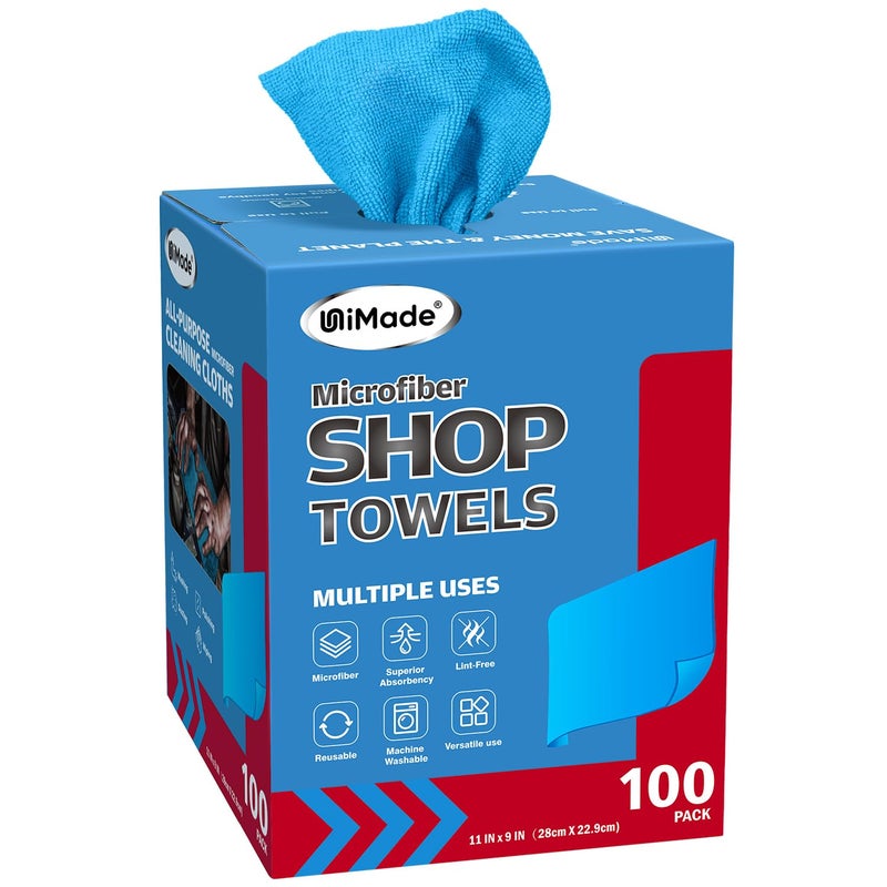 UNIMADE Shop Towels 100 Sheets Microfiber Cleaning Cloth Commercial Grade Washcloths LintFree Bulk Shops Rags for Cars Mechanic Restaurant Garage Housekeeping 11x 9 Blue