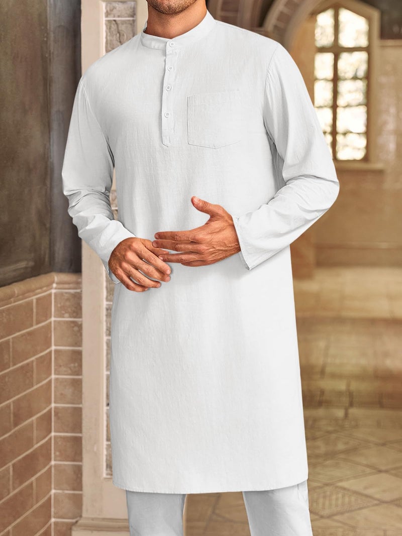 Gafeng Mens Kaftan Robe Button Down Long Sleeve Henley Cotton Thobe Casual Side Split Gown Shirt White - Image 2