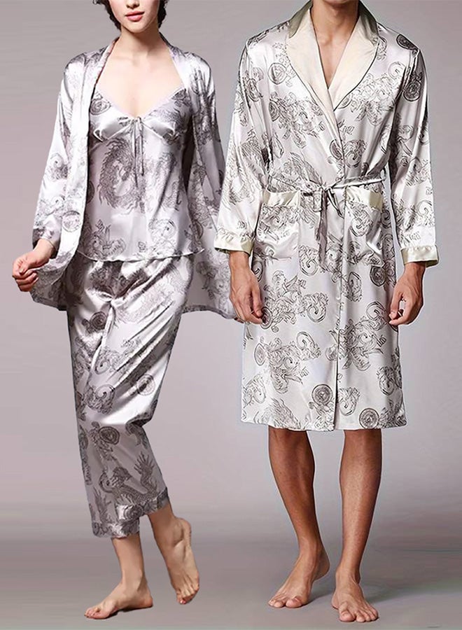MARGOUN 2 Packs For Bathrobe Men's 2XL Women's XL Bath Robe Dressing Gown Comfortable Sleepwear Silk Lovers Nightgown Dressing Gown Dragon Pattern Silver - Image 2