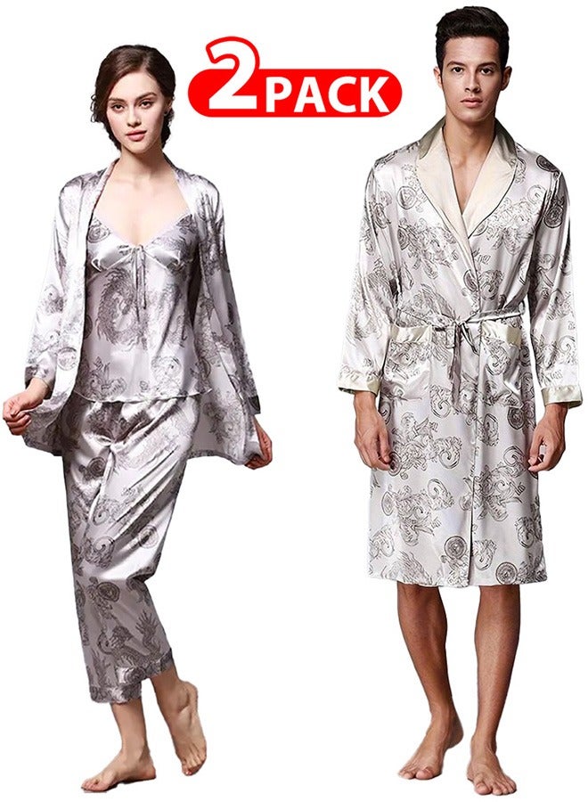 MARGOUN 2 Packs For Bathrobe Men's 2XL Women's XL Bath Robe Dressing Gown Comfortable Sleepwear Silk Lovers Nightgown Dressing Gown Dragon Pattern Silver - Image 1