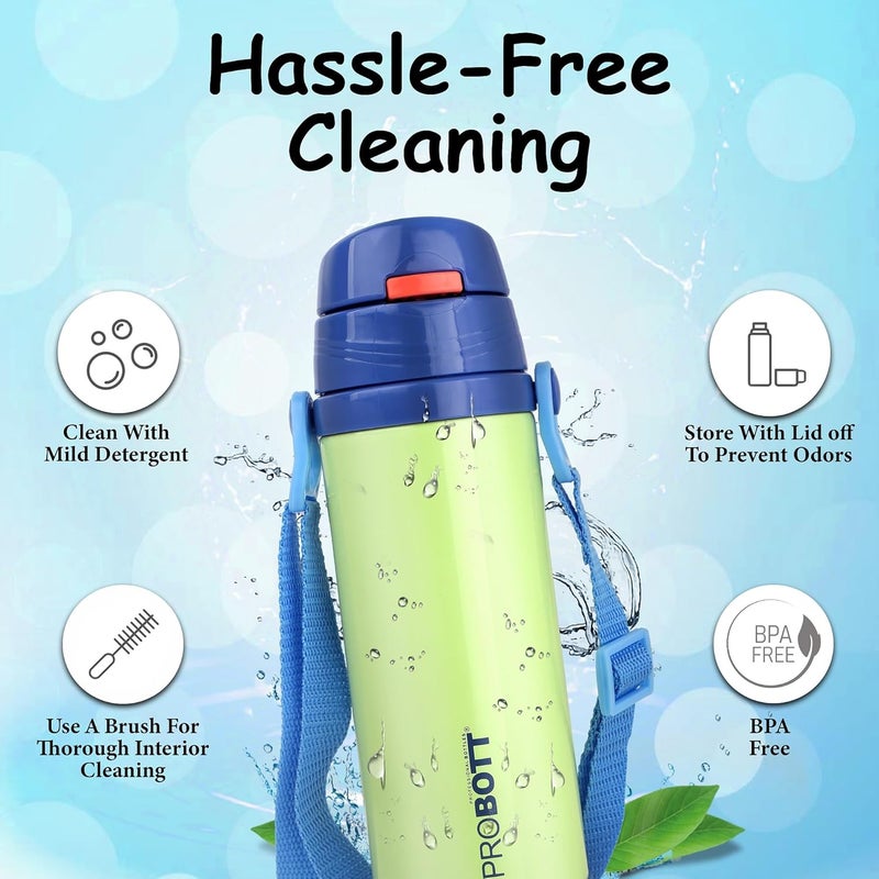 PROBOTT Probott Tom 350ml Stainless Steel Hot & Cold Water Bottle for 3-5yrs Old Kids, Green | Double Walled Vacuum Flask | Sipper Bottle with Straw & Strap | Perfect for Toddlers | Leakproof  - Image 2