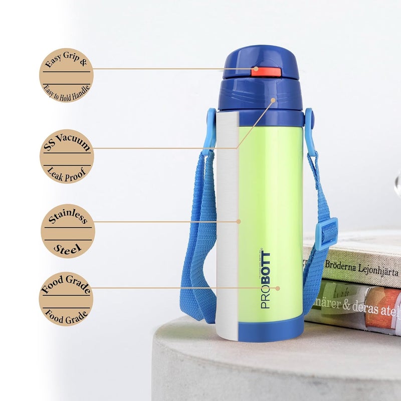 PROBOTT Probott Tom 350ml Stainless Steel Hot & Cold Water Bottle for 3-5yrs Old Kids, Green | Double Walled Vacuum Flask | Sipper Bottle with Straw & Strap | Perfect for Toddlers | Leakproof  - Image 3
