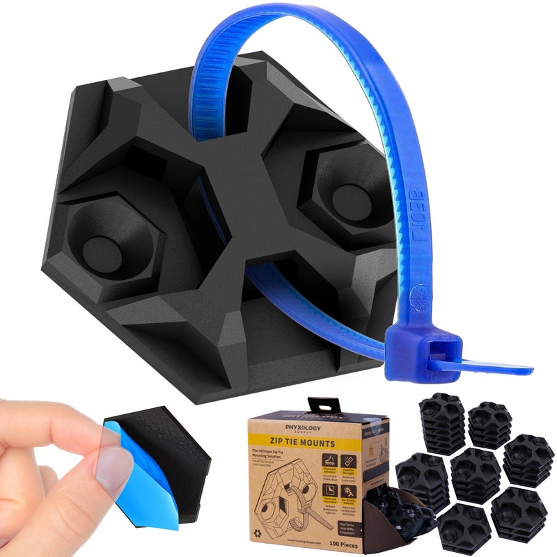 PHYXOLOGY SUPPLY Rugged, Stylish Adhesive XL Zip Tie Mounts 100 Pack. Premium 1.5in Sticky Back Ziptie, Cord, and Cable Management Anchor Clips. Easy Peel and Stick Mounting Bases With Hanging Organizer Box Dispenser - Image 2
