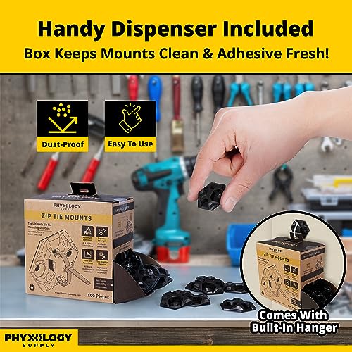 PHYXOLOGY SUPPLY Rugged, Stylish Adhesive XL Zip Tie Mounts 100 Pack. Premium 1.5in Sticky Back Ziptie, Cord, and Cable Management Anchor Clips. Easy Peel and Stick Mounting Bases With Hanging Organizer Box Dispenser - Image 5