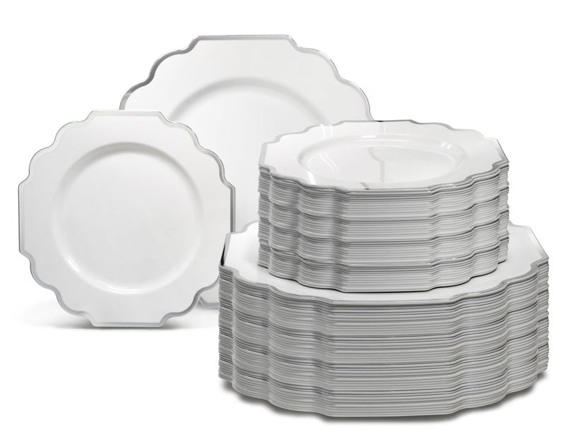 OCCASIONS  120 Plates Pack60 Guests Heavyweight Wedding Party Disposable Plastic Plates Set 60 x 105 Dinner  60 x 8 SaladDessert Plate Imperial in White  Silver Rim