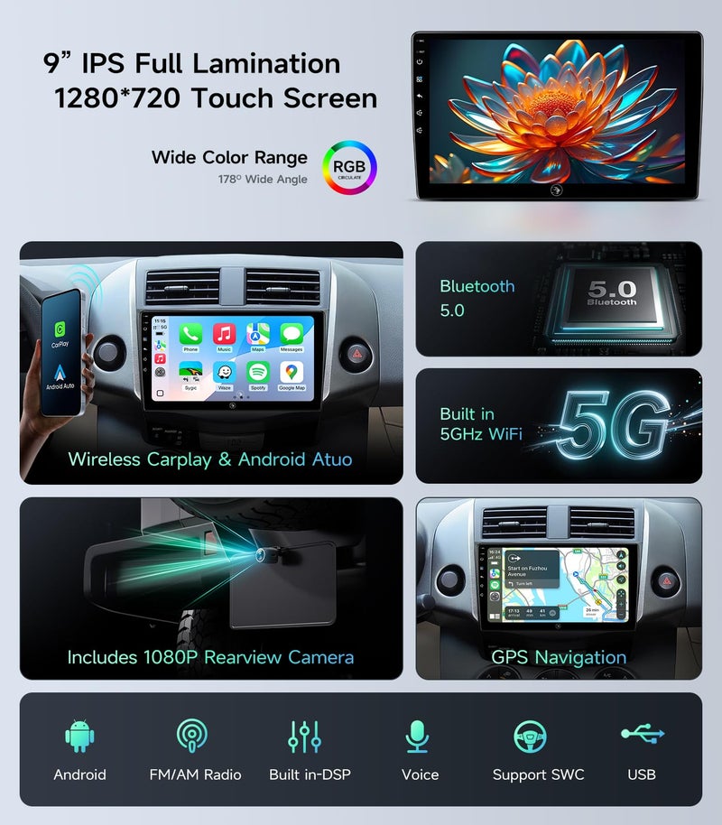 AINAVIGO 5G WiFi Android Car Stereo Radio for Toyota RAV4 2006 2007 2008 2009 2010 2011 with Wireless Carplay Android Auto 9 inch Touch Screen Radio with Bluetooth/GPS FM/SWC 1080P Backup Camera - Image 4