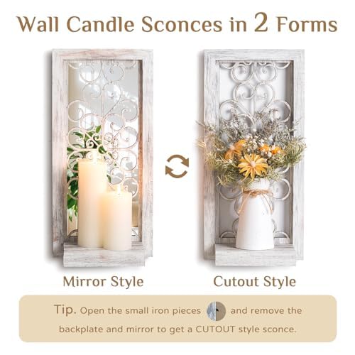 Walasis Mirrored Wall Candle Holders Decorative White - Farmhouse Wall Candle Sconces Set of 2 Washedwhite Candle Holder Decor for Small Vase Tealight Pillar Candles - Image 4
