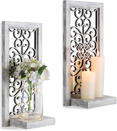 Walasis Mirrored Wall Candle Holders Decorative White - Farmhouse Wall Candle Sconces Set of 2 Washedwhite Candle Holder Decor for Small Vase Tealight Pillar Candles - Image 1