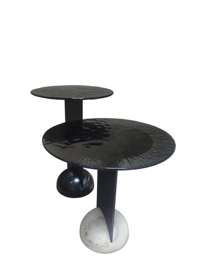 YI ONE Corner Table Set – 2-Piece Black & White Luxury Side Tables with Glass, Metal & Natural Marble for Sofa or Bed, Living Room & Bedroom - Image 4