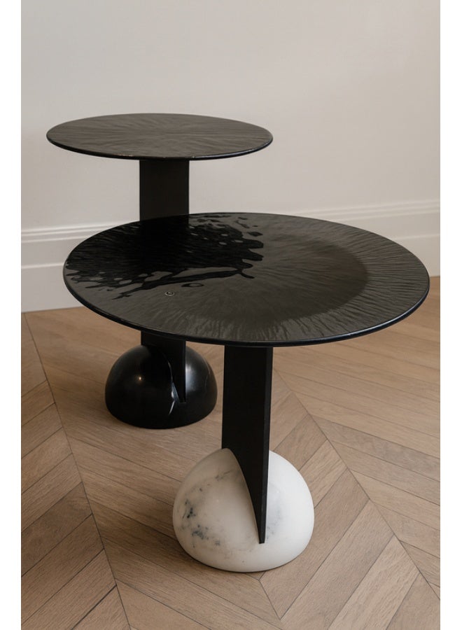 YI ONE Corner Table Set – 2-Piece Black & White Luxury Side Tables with Glass, Metal & Natural Marble for Sofa or Bed, Living Room & Bedroom - Image 1