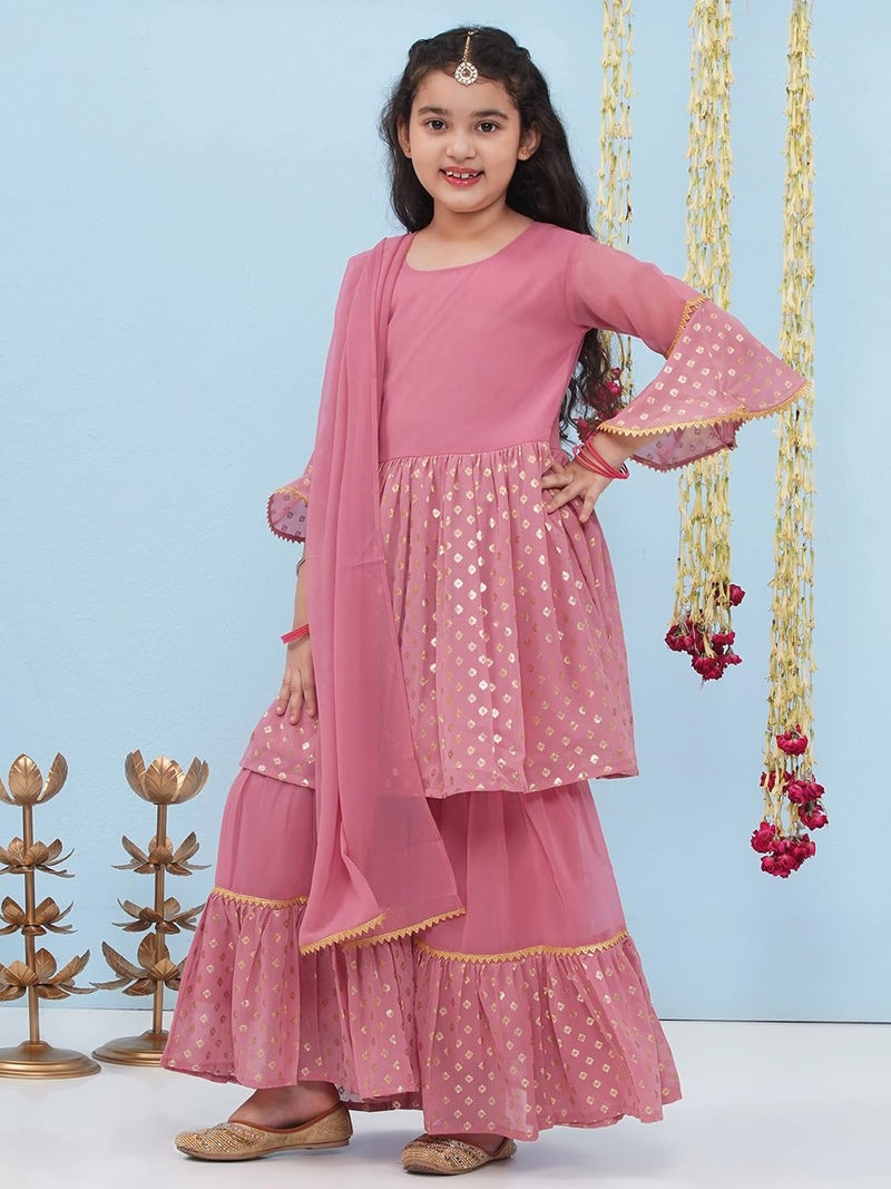 AJ DEZINES Kids Ethnic Wear Georgette Motif Printed Pink Kurta Sharara Set for Girls (G-1157-PINK-30) - Image 4