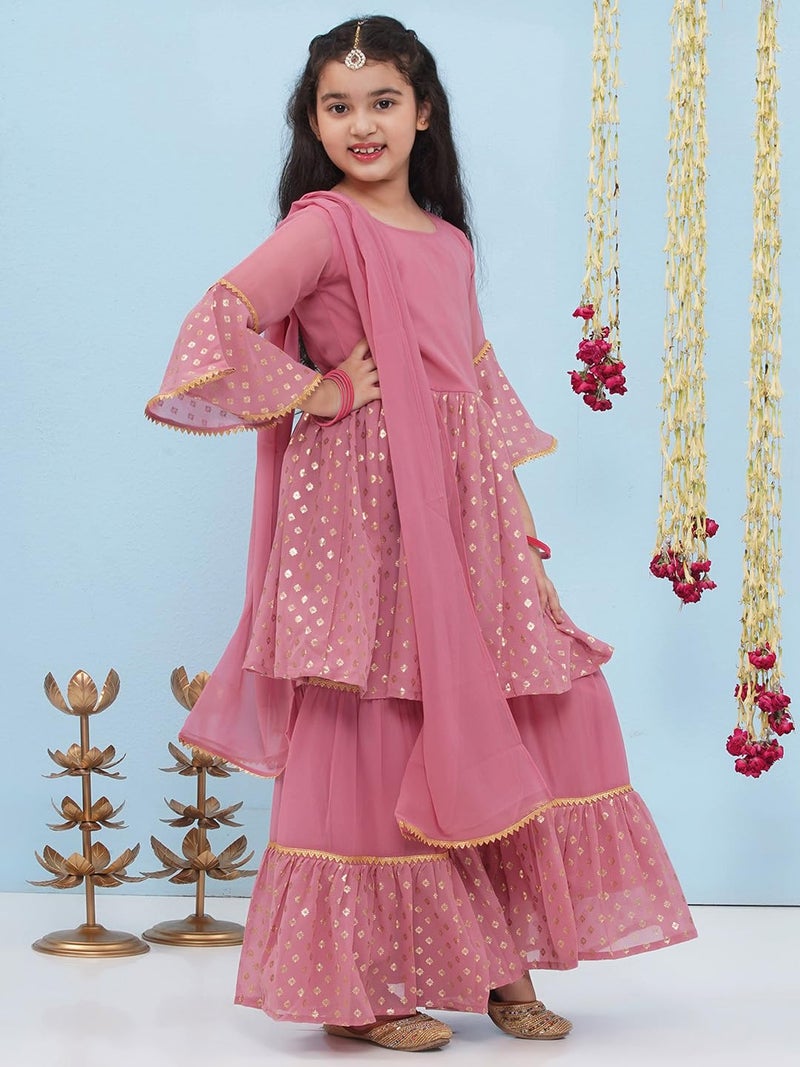 AJ DEZINES Kids Ethnic Wear Georgette Motif Printed Pink Kurta Sharara Set for Girls (G-1157-PINK-30) - Image 5