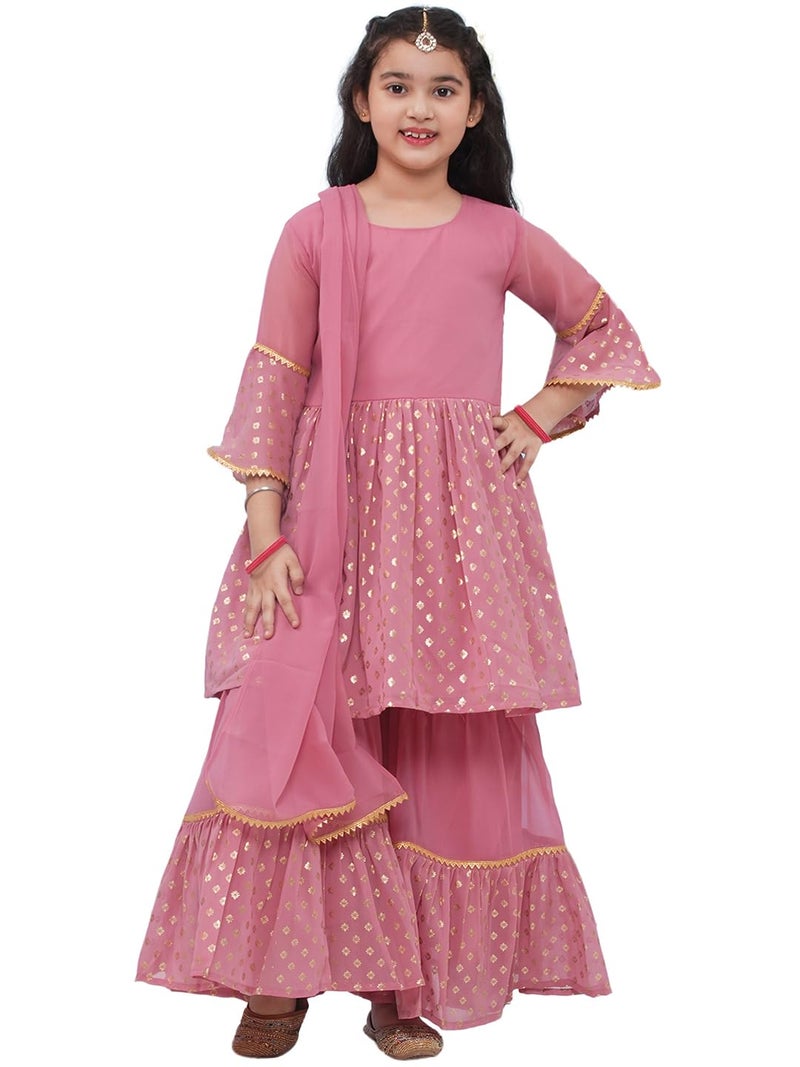 AJ DEZINES Kids Ethnic Wear Georgette Motif Printed Pink Kurta Sharara Set for Girls (G-1157-PINK-30) - Image 1