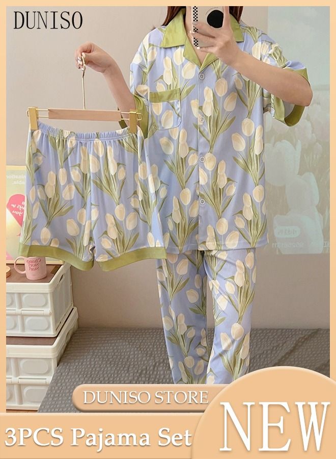 DUNISO 3-Piece Women's Soft Pajamas Set Short Sleeve Silky Sleepwear Loungewear Button-Down Night Suit Summer And Autumn Night Wear Long Sleeve Top And 2 PCS Pants Loungewear Sets - Image 1