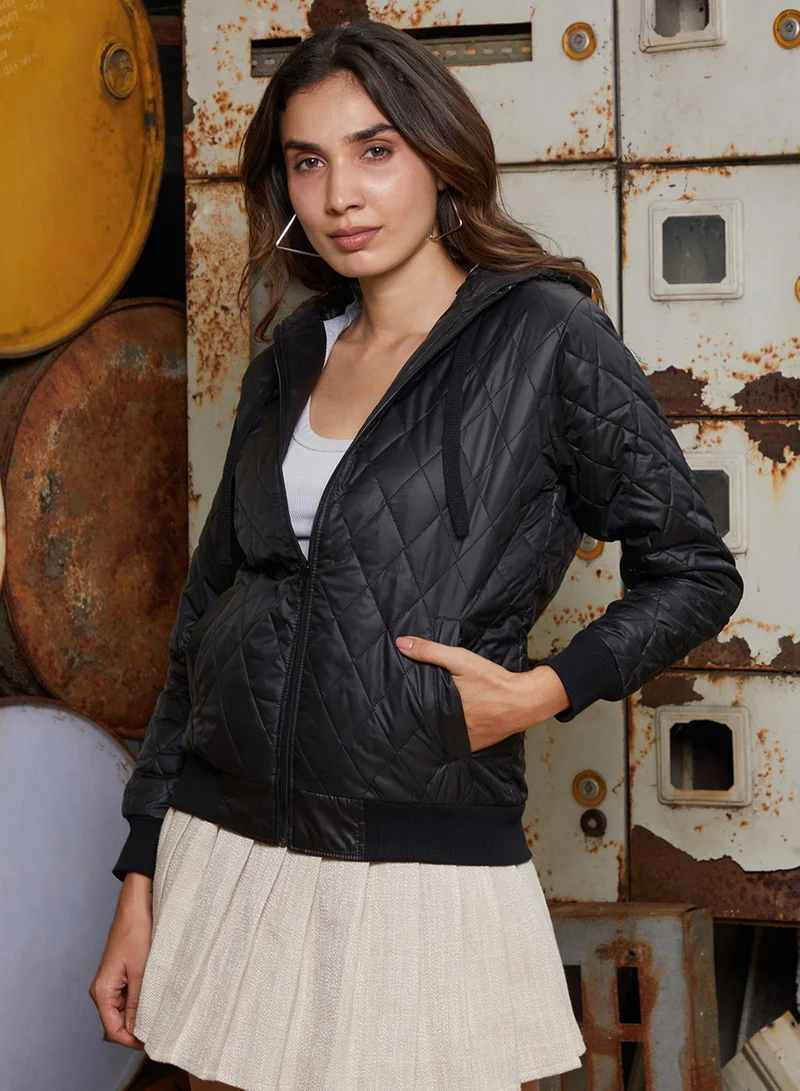 Campus Sutra Women's Onyx Black Rhombus-Quilted Bomber Jacket