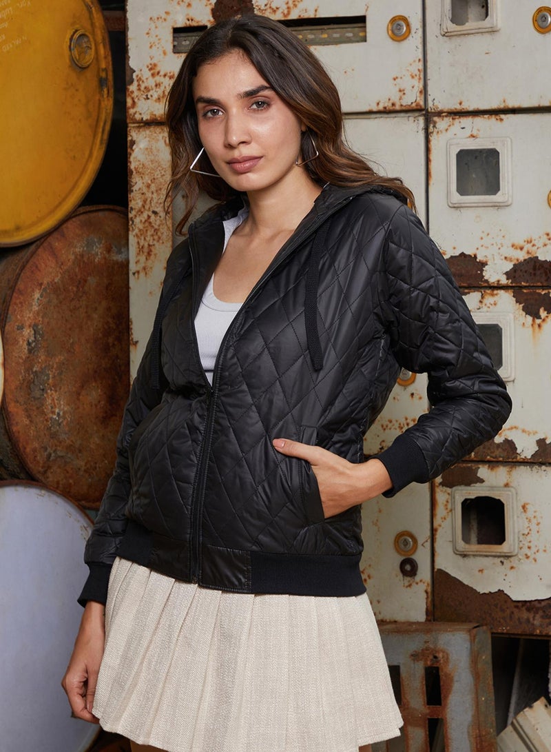 كامبوس سوترا Women's Onyx Black Rhombus-Quilted Bomber Jacket  - Image 3