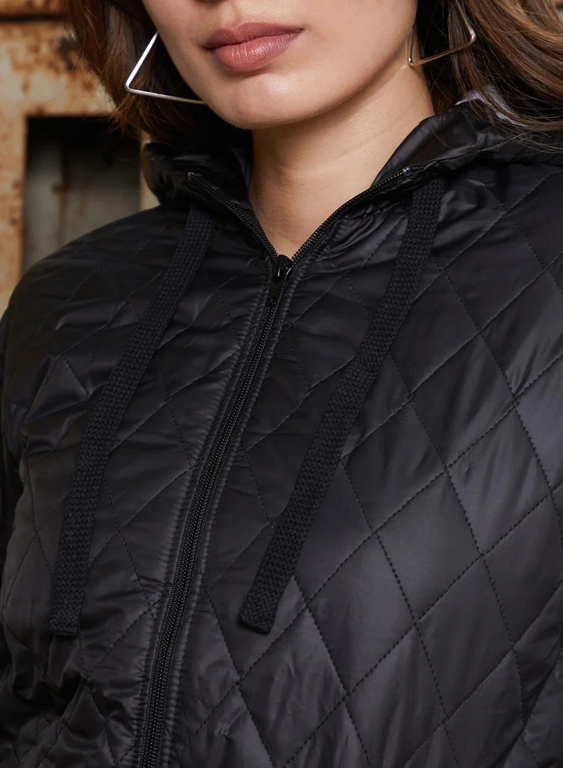 Campus Sutra Women's Onyx Black Rhombus-Quilted Bomber Jacket