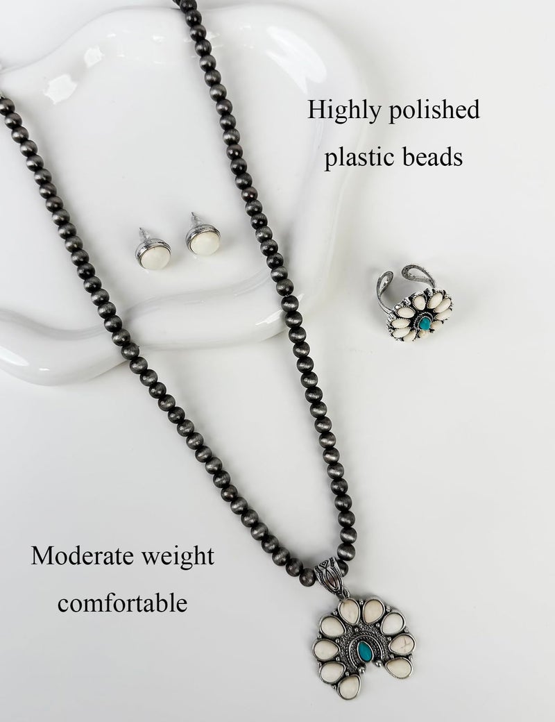 TOPACC Navajo Pearl Necklace Western Jewelry Set for Women Silver Turquoise Necklace with Earrings Ring Cowgirl Accessories - Image 4