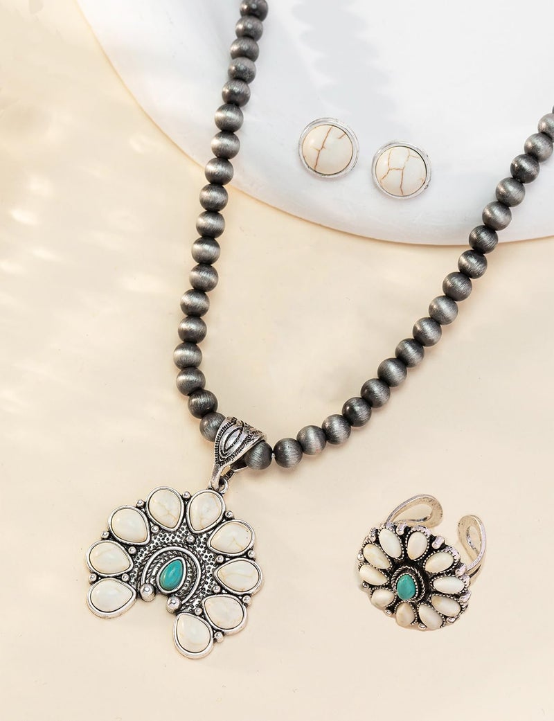 TOPACC Navajo Pearl Necklace Western Jewelry Set for Women Silver Turquoise Necklace with Earrings Ring Cowgirl Accessories - Image 2