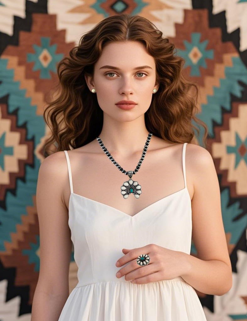 TOPACC Navajo Pearl Necklace Western Jewelry Set for Women Silver Turquoise Necklace with Earrings Ring Cowgirl Accessories - Image 5