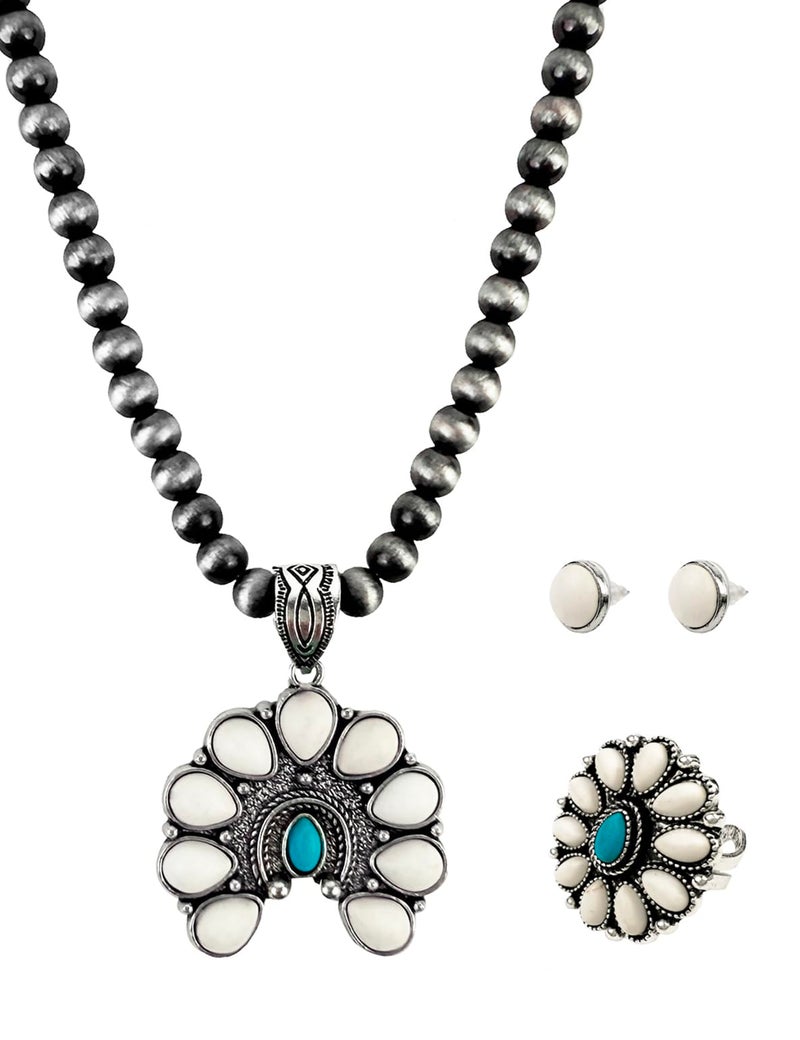 TOPACC Navajo Pearl Necklace Western Jewelry Set for Women Silver Turquoise Necklace with Earrings Ring Cowgirl Accessories - Image 1