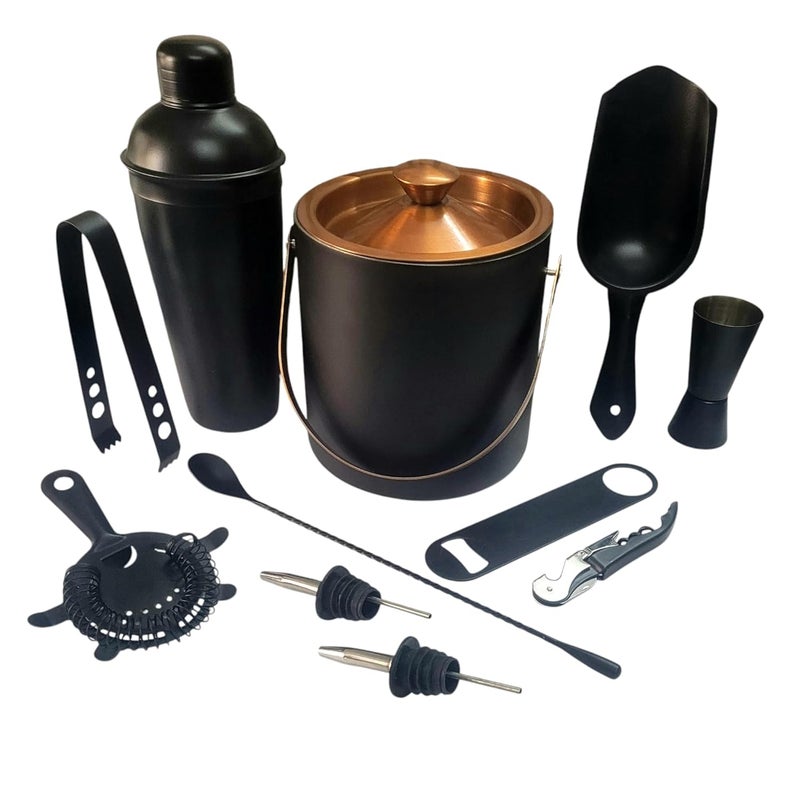 Nooks Premium Cocktail Bar Set 11Piece with Ice Bucket Shaker and Bar Tools Black and Copper - Image 1