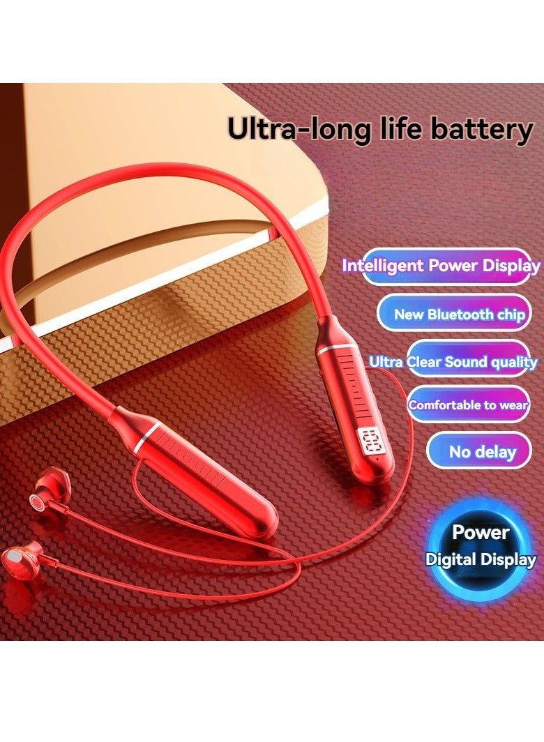 New digital display neck-mounted Bluetooth headset, long battery life, running sports in-ear wireless Bluetooth headset red  - Image 1