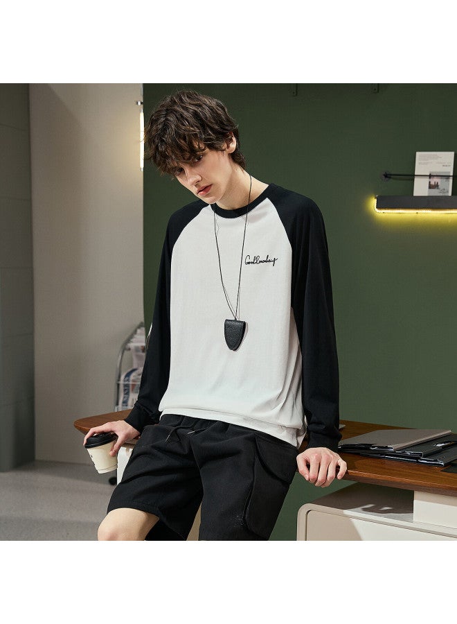TonLion Tangshi 2025 Autumn Men's Letter Foam Print Color-block Raglan Sleeve Crew Neck Long Sleeve T-shirt - Image 3
