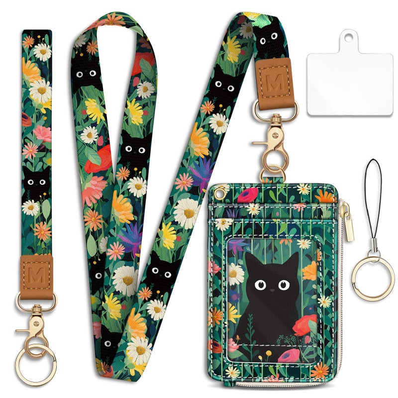 Mavellin Lanyard Wallet with Id Badge Holder, Black Cat RFID Small Keychain Wallet Women Wristlet, Cute Zipper Credit Card Holder Phone Wrist Neck Strap for Key Name Tag, Teacher Student Office Gifts - Image 1