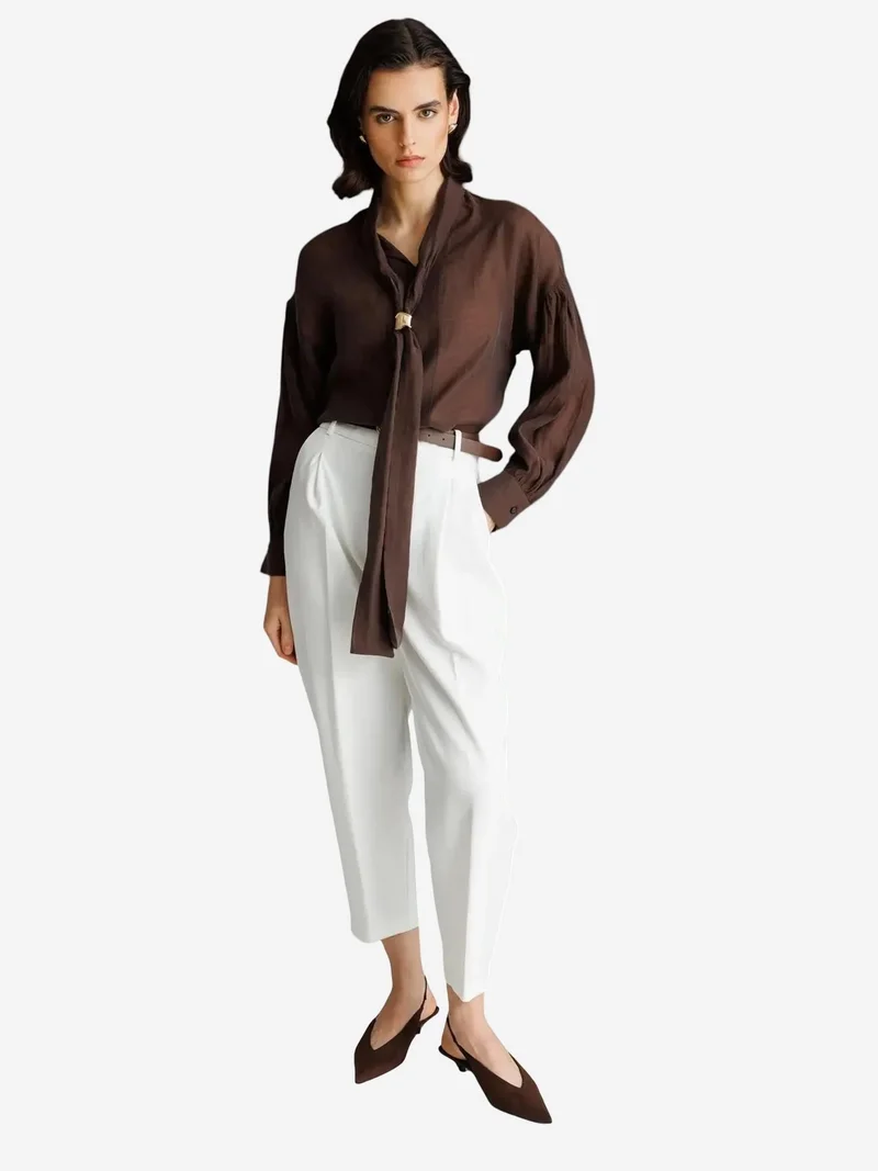 Mixray Coffee Brown MIXRAY V-Neck Tie Detail Blouse for Women | Best Price UAE