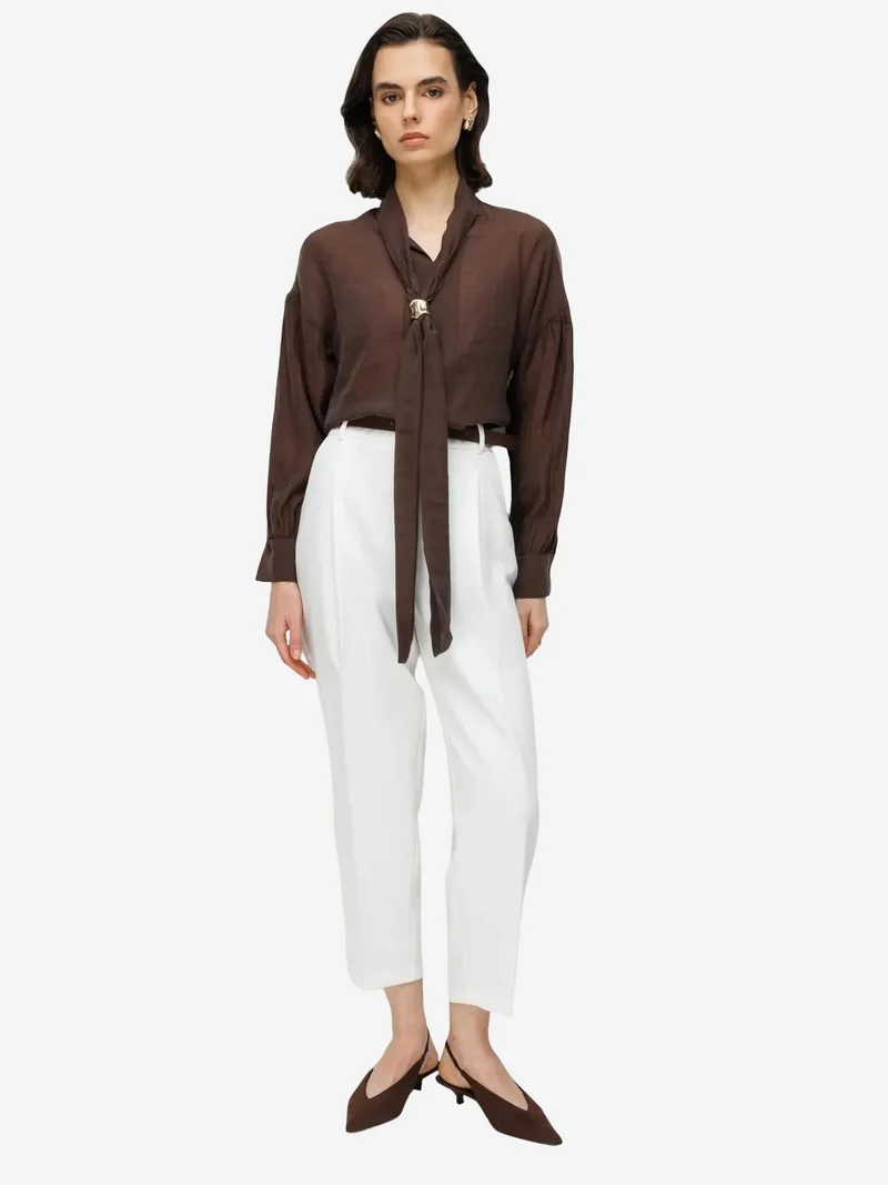 Mixray Coffee Brown MIXRAY V-Neck Tie Detail Blouse for Women | Best Price UAE