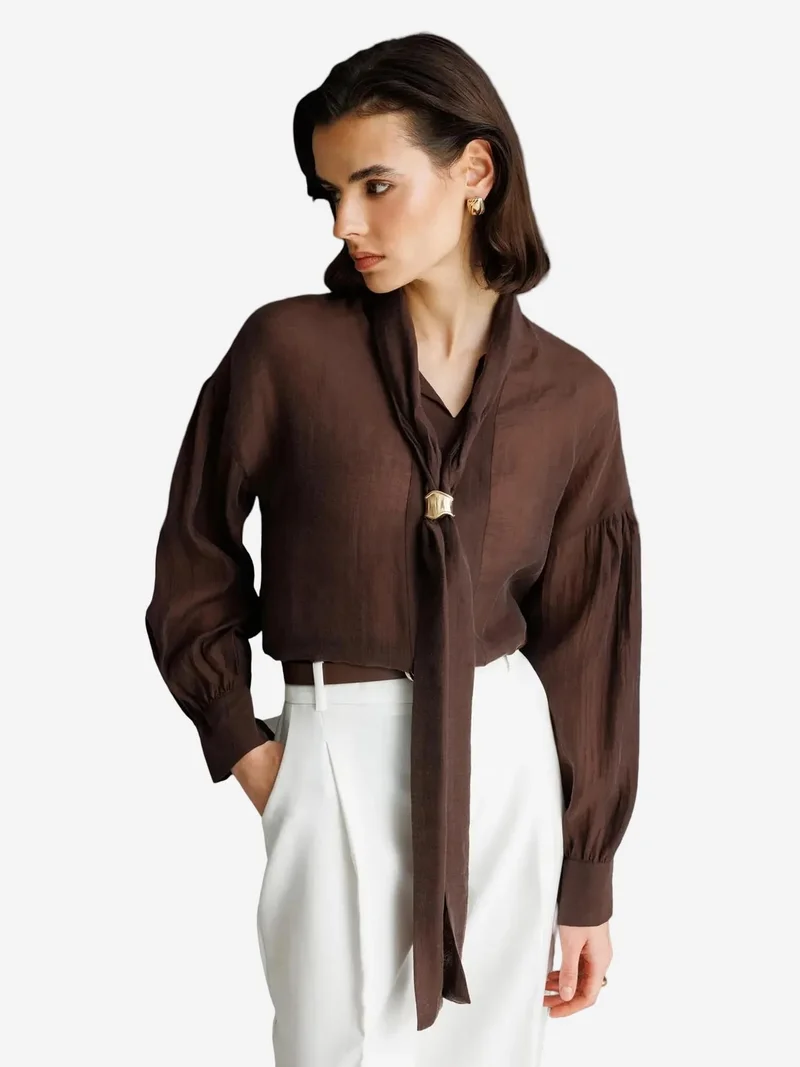 Mixray Coffee Brown MIXRAY V-Neck Tie Detail Blouse for Women | Best Price UAE