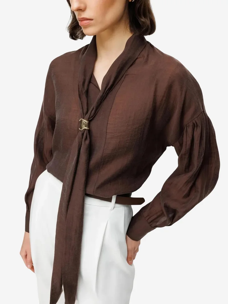 Mixray Coffee Brown MIXRAY V-Neck Tie Detail Blouse for Women | Best Price UAE