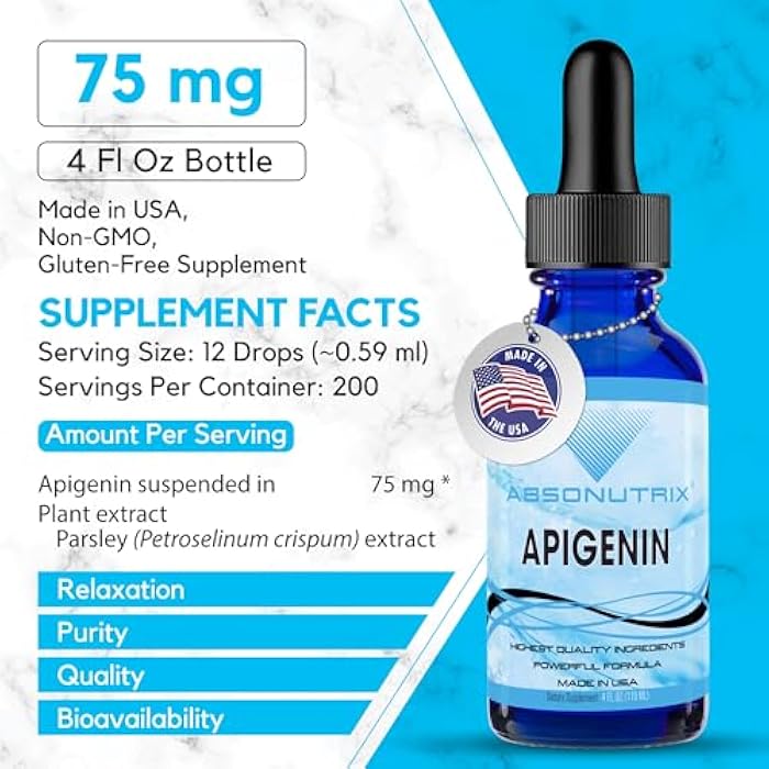 Absonutrix Apigenin 75 mg per Serving, 4 Fl Oz Bottle, 200 Potent Servings, Made in USA, Quick Absorption, Quality Potent Ingredients, Non-GMO, GMP Certified Facility, Cruelty-Free Products - Image 2