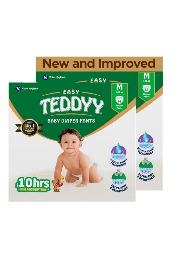 TEDDYY Easy Baby M Size Diaper Pant Style | 74 Count (Medium) | 7–12 kg (Pack of 2) | Long Protection Hours | Anti-Bacterial | Airy Breathable Fit | Rapid Soaker Channels with Wetness Indicator