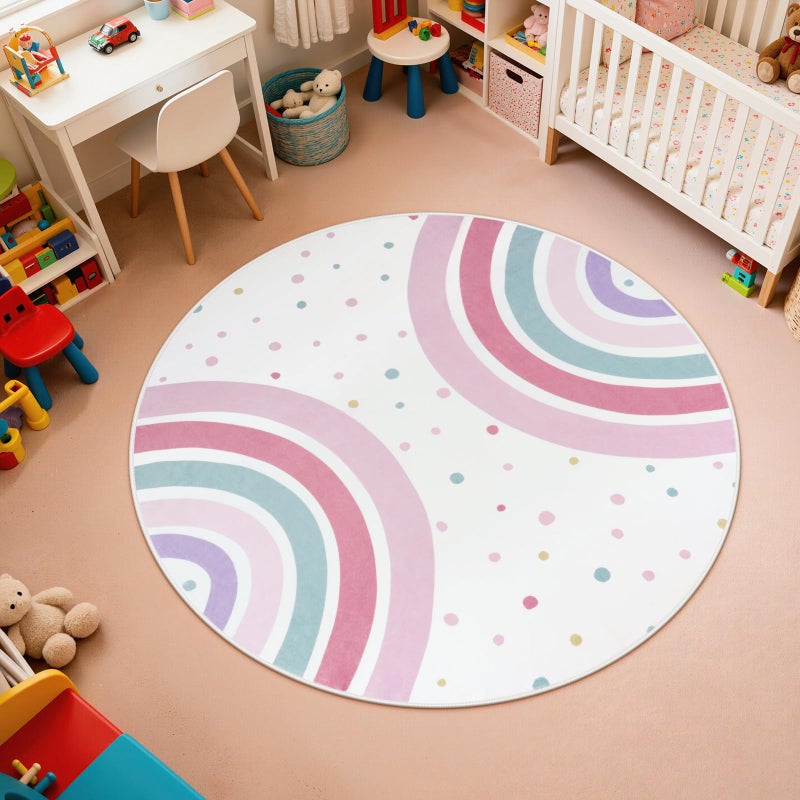 STARUIA Pink Round Rug for Nursery, 4 Ft Rainbow Washable Rug for Kids Room, Non-Slip Circle Rug Colorful Bedroom Carpet for Girls Princess Castle Playroom Classroom - Image 1