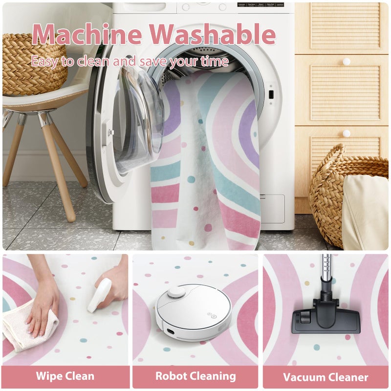 STARUIA Pink Round Rug for Nursery, 4 Ft Rainbow Washable Rug for Kids Room, Non-Slip Circle Rug Colorful Bedroom Carpet for Girls Princess Castle Playroom Classroom - Image 5