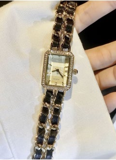 Women's woven leather chain quartz square gold dial rhinestones embellished fashion trend waterproof elegant watch can be used as a gift for women