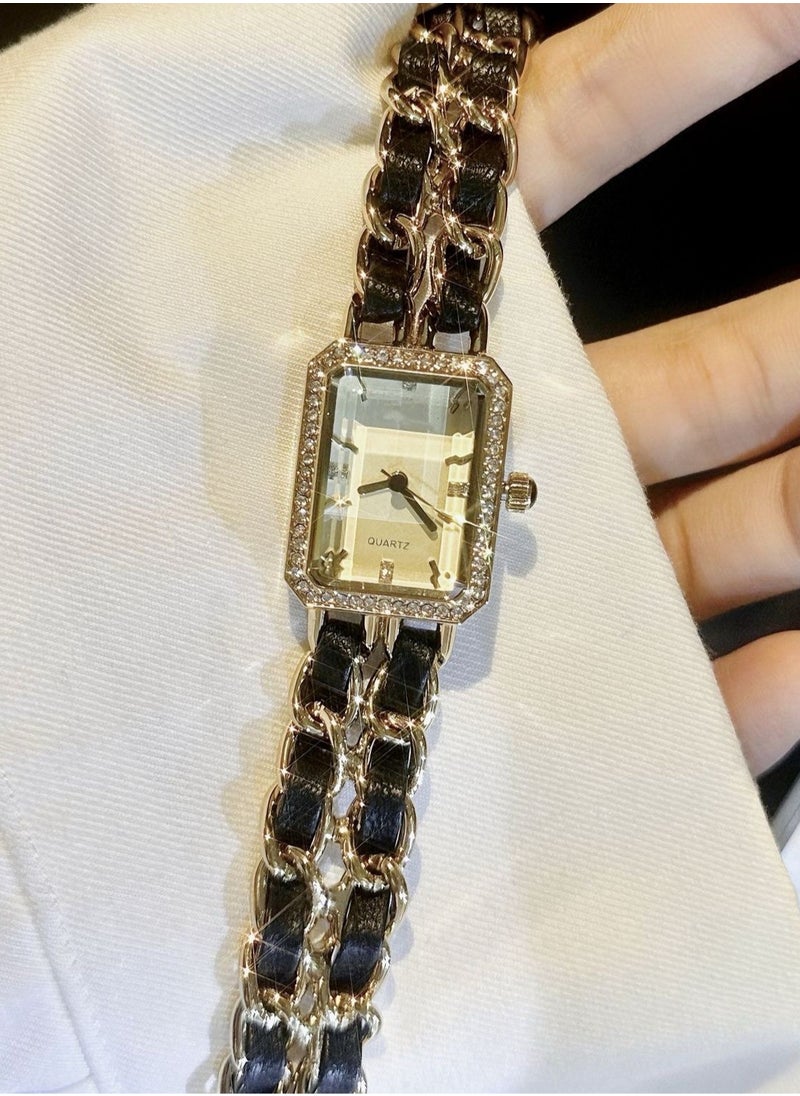 Generic - Women's woven leather chain quartz square gold dial rhinestones embellished fashion trend waterproof elegant watch can be used as a gift for women - Image 1