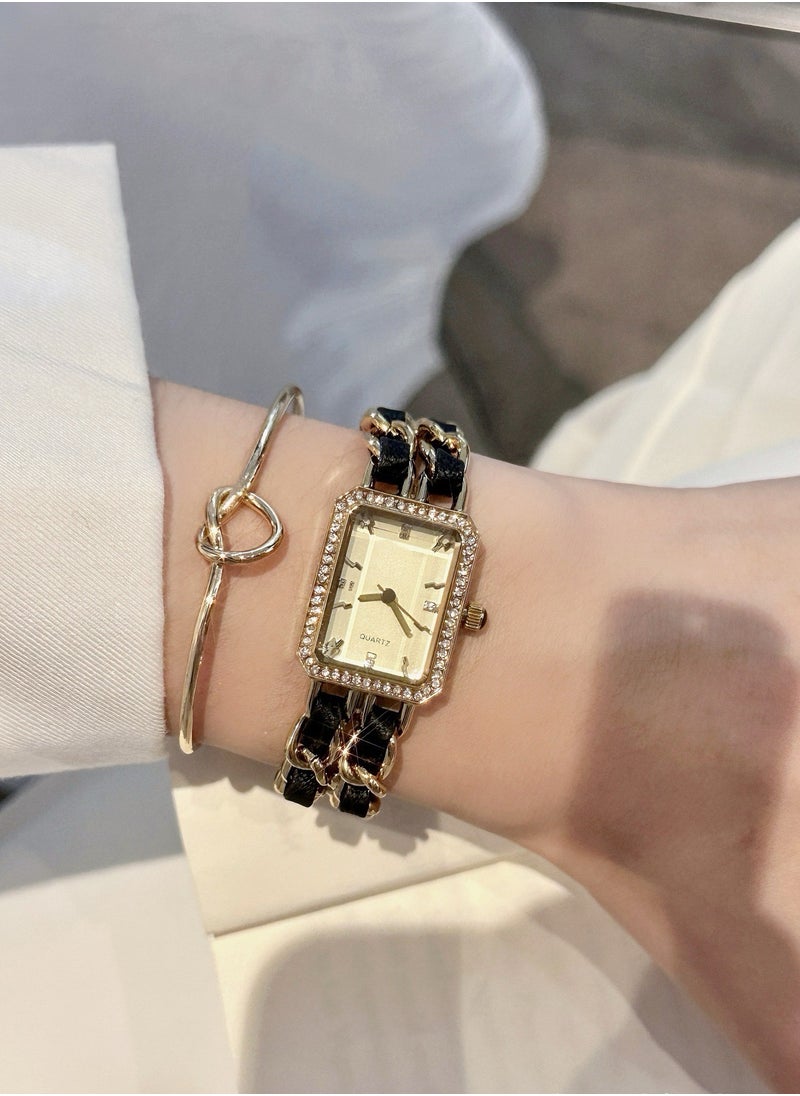 Generic - Women's woven leather chain quartz square gold dial rhinestones embellished fashion trend waterproof elegant watch can be used as a gift for women - Image 1