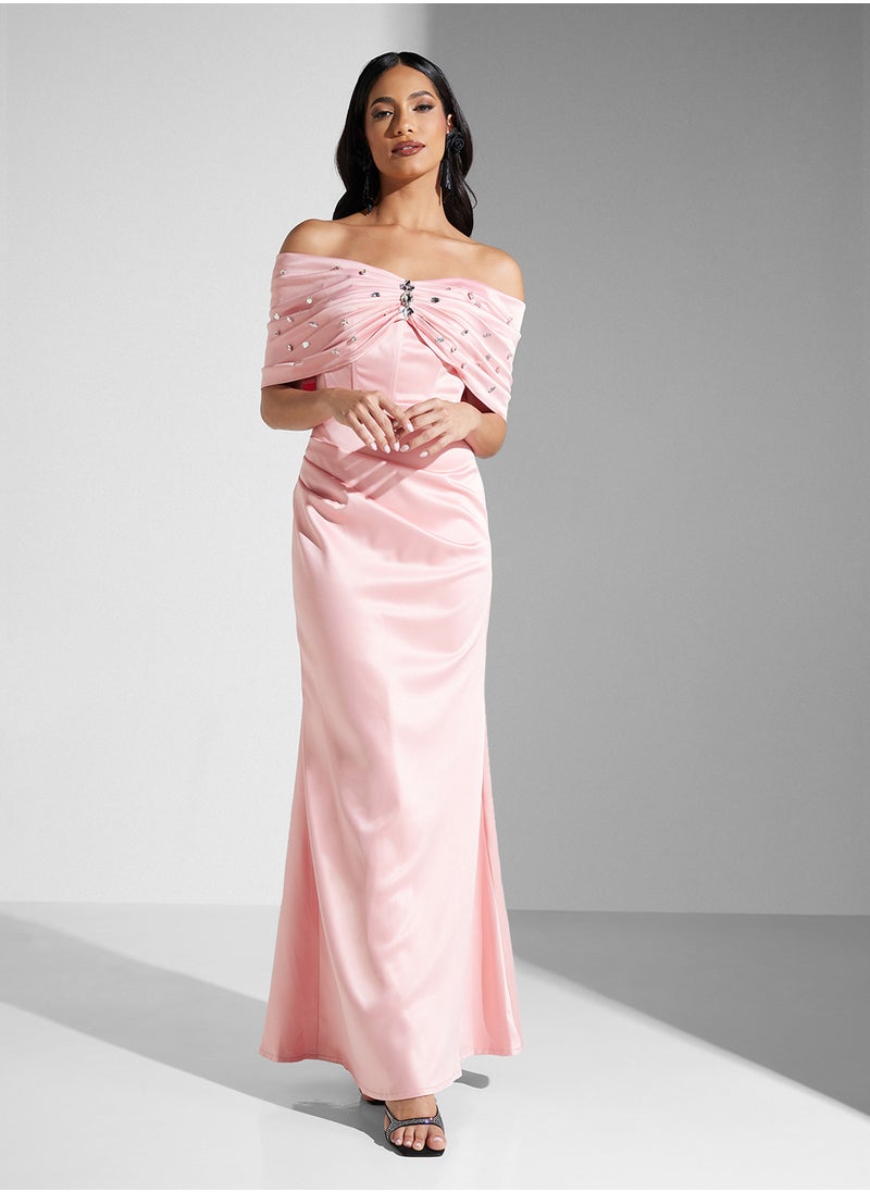 Namshi x Off Shoulder Ruched Crystal Embellished Dress  - Image 5