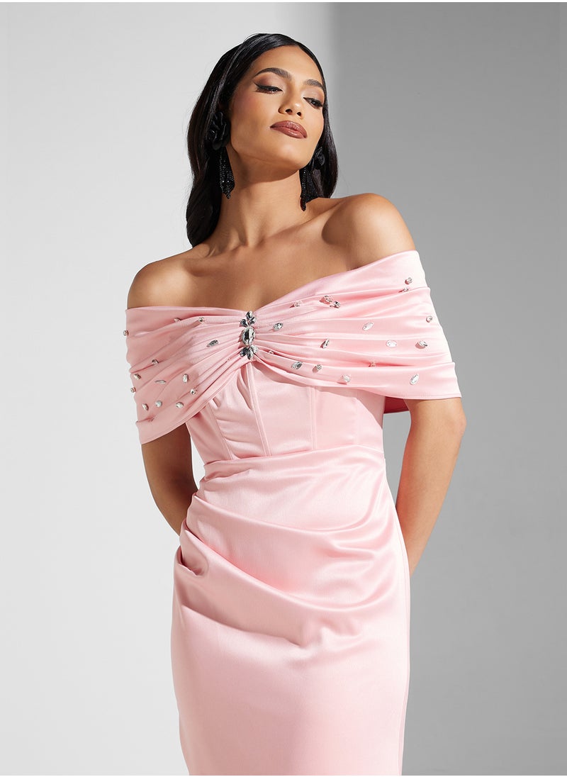 Namshi x Off Shoulder Ruched Crystal Embellished Dress  - Image 3