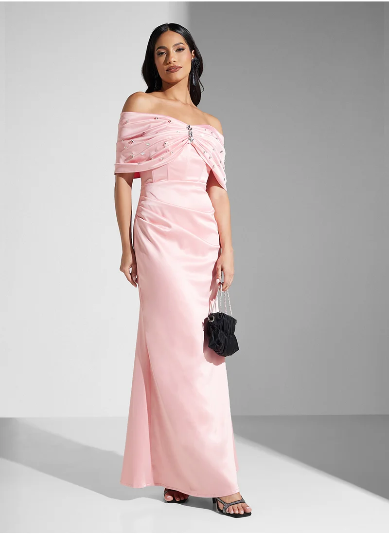 Namshi x Off Shoulder Ruched Crystal Embellished Dress